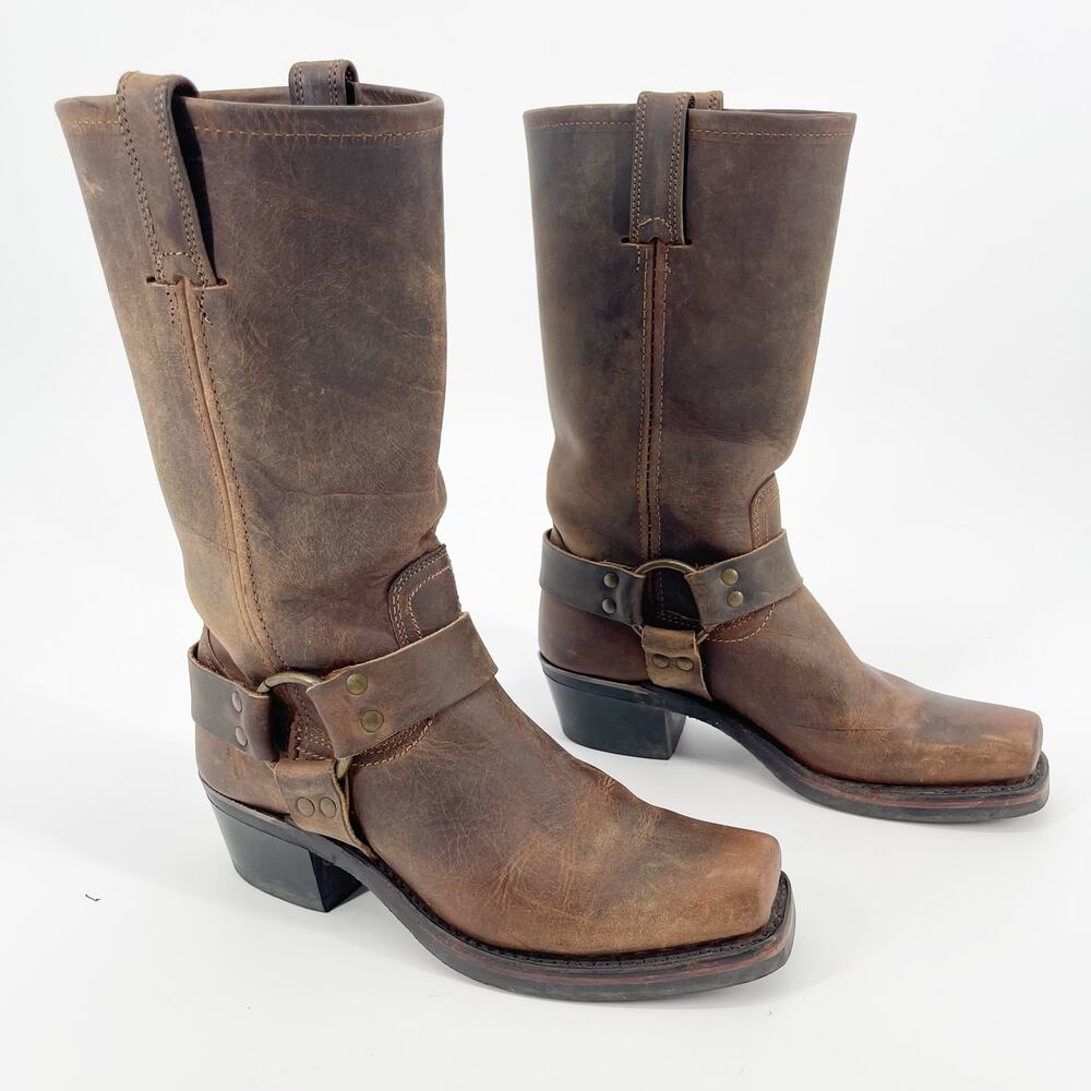 Frye Brown Leather Harness Heeled Boots
